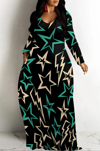 Green Casual Colorblock Floral Print O Neck Long Sleeve Straight Maxi Dresses