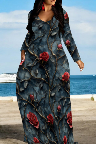 Gray Blue Floral Print O Neck Long Sleeve Pocket Vacation Casual Plus Size Loose Straight Maxi Dresses