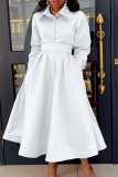 Rose Red Long Sleeve Lapel Collart Slit Belt A Line Formal Shirt Maxi Swing Dress