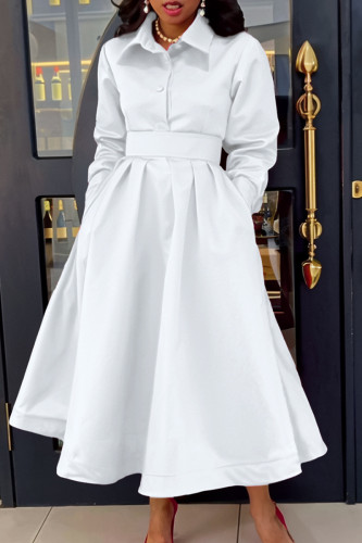 White Long Sleeve Lapel Collart Slit Belt A Line Formal Shirt Maxi Swing Dress