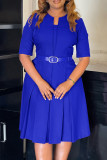 Red Half Sleeve Slit With Belt A Line Knee Length Formal Office Lady Pleated Midi Dress