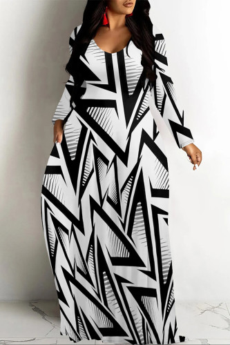 Black And White Casual Colorblock Floral Print O Neck Long Sleeve Straight Maxi Dresses