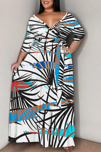 White Flowers Stripe Chain Print Lace Up Deep V Neck Plus Size Straight Maxi Dress