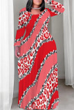Red Casual Camouflage Print Stripe O Neck Long Sleeve Plus Size Straight Maxi Dresses