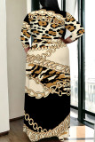 Beige Flowers Stripe Chain Print Lace Up Deep V Neck Plus Size Straight Maxi Dress