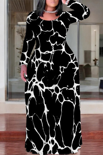 Black Casual Camouflage Print Stripe O Neck Long Sleeve Plus Size Straight Maxi Dresses