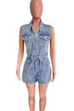 Blue Sleeveless Belted Denim Romper Lapel Collar Summer Casual Button Up Overall