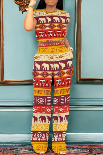 Red Yellow Casual Print Pocket Patchwork O Neck Short Sleeve Two Pieces