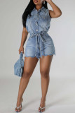 Blue Sleeveless Belted Denim Romper Lapel Collar Summer Casual Button Up Overall