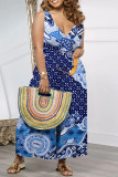 Blue Casual Street Geometric Print Splashed ink printing Pocket Contrast V Neck Loose Jumpsuits