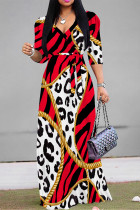 Red Elegant Leopard Print Zebra Print Chain print Pocket Lace Up V Neck Printed Dresses(There are pockets)