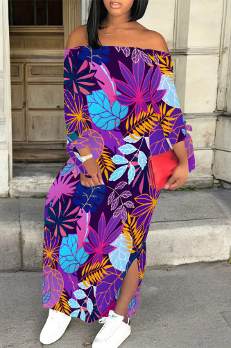 Purple Off-Shoulder Floral Print Maxi Dress with Side Slit Casual Long Sleeve Vacation Outfit