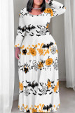 Colour Halloween Pumpkins Bats Print Long Sleeve Straight Loose Maxi Dress Plus Size Party Outfit