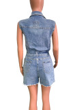 Blue Sleeveless Belted Denim Romper Lapel Collar Summer Casual Button Up Overall