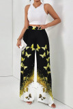 White Black Abstract Print High Waist Wide Leg Pants Casual Vacation Baggy Trousers