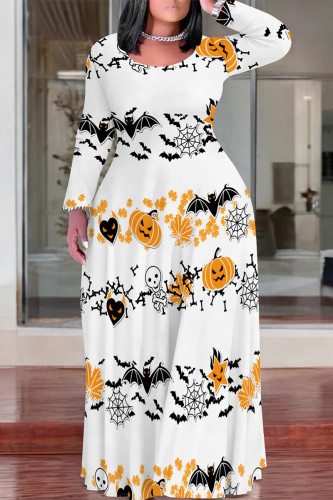 White Halloween Pumpkins Bats Print Long Sleeve Straight Loose Maxi Dress Plus Size Party Outfit