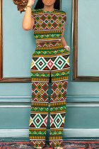Green Yellow Casual Print Pocket Patchwork O Neck Short Sleeve Two Pieces