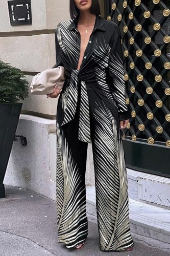 Black White Gradient Lapel Collar Long Sleeve Blouse and Wide Leg Pant Formal Office Lady Two Piece Suit Set