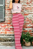 Pink Floral Print Short Sleeve T Shirt and Striped High Waist Wide Leg Pants Casual Vacation Two Piece Trouser Set