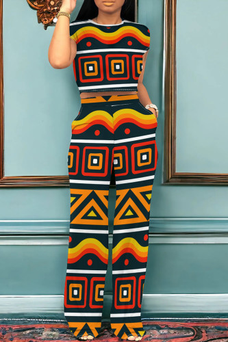 Black Red Casual Print Pocket Patchwork O Neck Short Sleeve Two Pieces