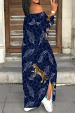 Green Off-Shoulder Floral Print Maxi Dress with Side Slit Casual Long Sleeve Vacation Outfit