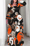 Colour Halloween Pumpkins Bats Print Long Sleeve Straight Loose Maxi Dress Plus Size Party Outfit