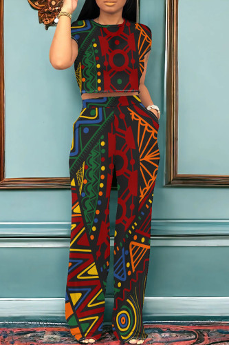 Red Green Casual Print Pocket Patchwork O Neck Short Sleeve Two Pieces