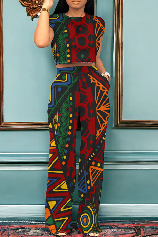 Red Green Casual Print Pocket Patchwork O Neck Short Sleeve Two Pieces