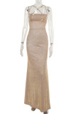 Grey Sleeveless Backless Cross Straps Spaghetti Strap Slim Fit Evening Party Maxi Dress