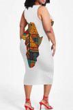 White African Map Print Sleeveless Plus Size Bodycon Midi Dress for Casual Vacation Going Out Wear