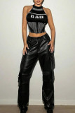 Blue Black High Neck Letter Print Crop Top Street Style Tight Fit Sleeveless Tank
