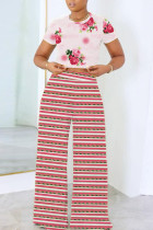 Rose Pink Floral Print Short Sleeve T Shirt and Striped High Waist Wide Leg Pants Casual Vacation Two Piece Trouser Set