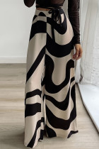 Dark Brown Abstract Print High Waist Wide Leg Pants Casual Vacation Baggy Trousers