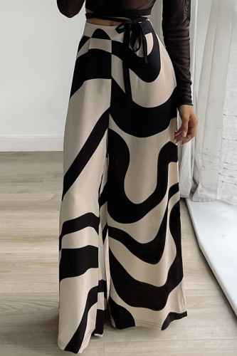 Dark Brown Abstract Print High Waist Wide Leg Pants Casual Vacation Baggy Trousers