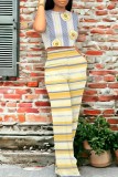 Pink Floral Print Short Sleeve T Shirt and Striped High Waist Wide Leg Pants Casual Vacation Two Piece Trouser Set