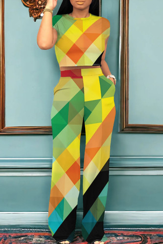 Colour Casual Print Pocket Patchwork O Neck Short Sleeve Two Pieces