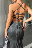 Grey Sleeveless Backless Cross Straps Spaghetti Strap Slim Fit Evening Party Maxi Dress