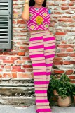 Pink Floral Print Short Sleeve T Shirt and Striped High Waist Wide Leg Pants Casual Vacation Two Piece Trouser Set