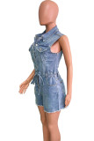 Blue Sleeveless Belted Denim Romper Lapel Collar Summer Casual Button Up Overall