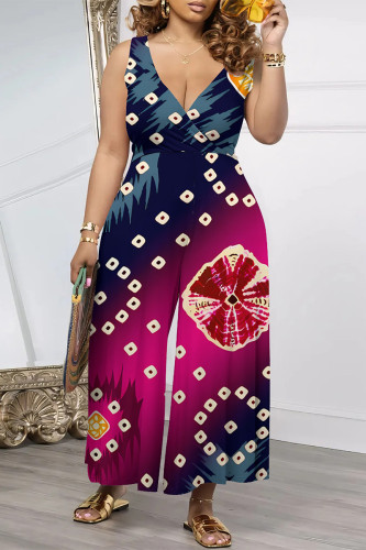 Multicolor Casual Street Geometric Print Splashed ink printing Pocket Contrast V Neck Loose Jumpsuits