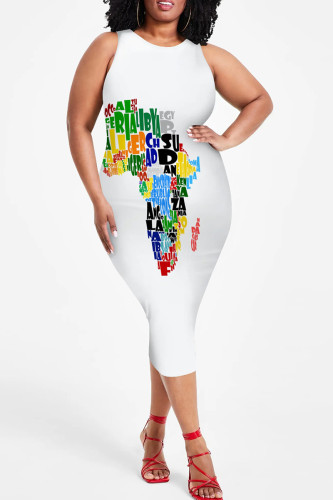 Colour African Map Print Sleeveless Plus Size Bodycon Midi Dress for Casual Vacation Going Out Wear
