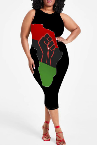 Red Green African Map Print Sleeveless Plus Size Bodycon Midi Dress for Casual Vacation Going Out Wear