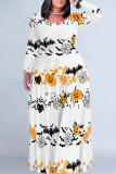 Colour Halloween Pumpkins Bats Print Long Sleeve Straight Loose Maxi Dress Plus Size Party Outfit