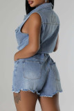 Blue Sleeveless Belted Denim Romper Lapel Collar Summer Casual Button Up Overall