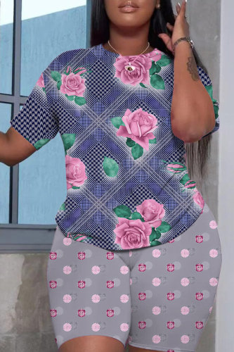 Purple Casual Floral Print Basic O Neck Short Sleeve Two Pieces