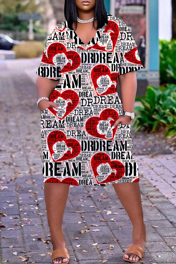 White Red Casual Print Pocket V Neck Short Sleeve Plus Size Dresses