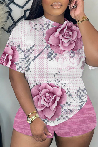 Light Pink Casual Floral Print Basic O Neck Short Sleeve Two Pieces