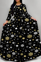 Black Retro Geometric Print Long Sleeve Maxi Dress Ethnic Style Loose Full Skirt Gown