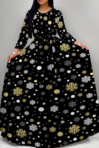 Black Retro Geometric Print Long Sleeve Maxi Dress Ethnic Style Loose Full Skirt Gown