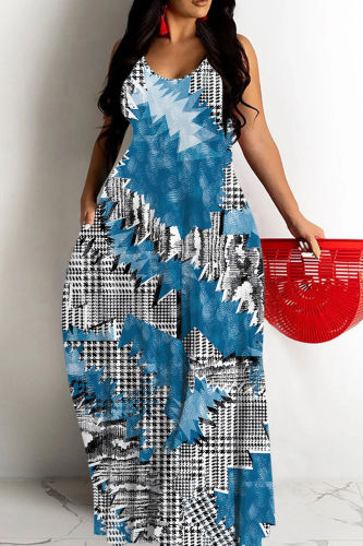 Blue Sexy Casual Print Backless Spaghetti Strap Long Dresses